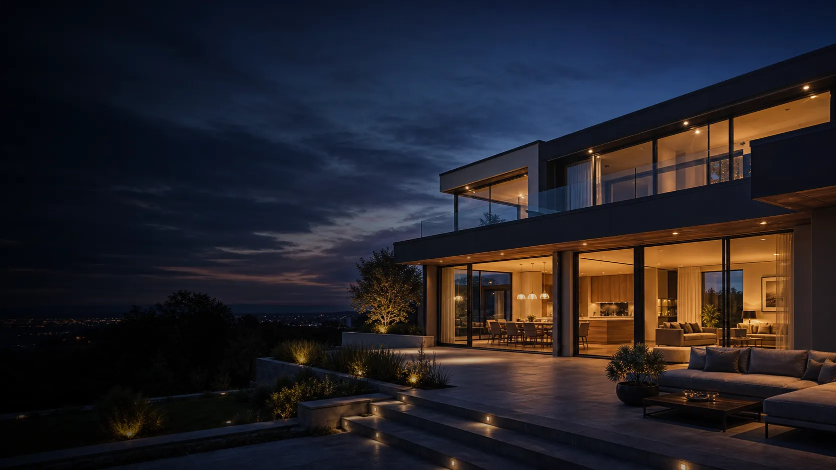 Contemporary property photographed at blue hour